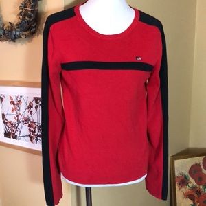 Vintage RALPH LAUREN Size Large Pullover Red Black Ribbed Cotton Embroidery Flag